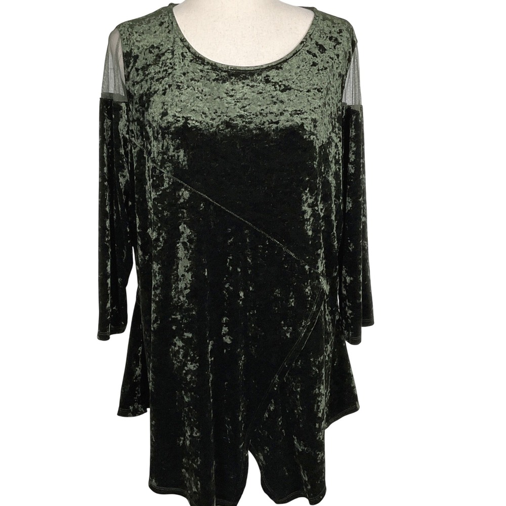 Lior Paris Tunic Top Women 2XL Green Velvet Sheer‎ Cutout Y2K Midi